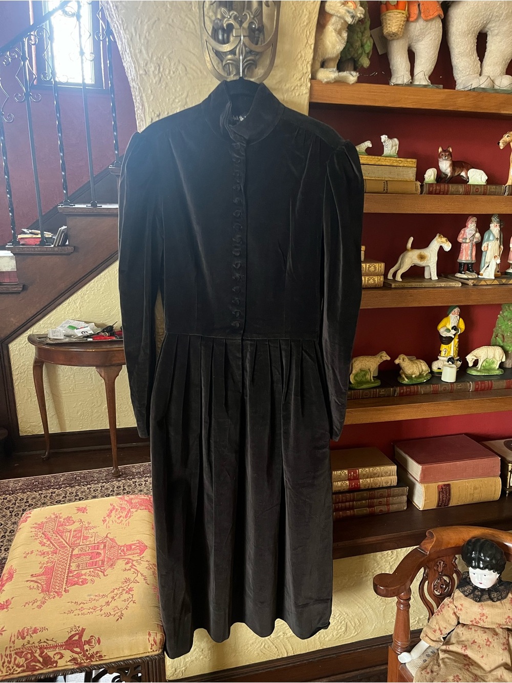 Vintage Ralph  Lauren Black Velvet Long-Sleeve Button Front Dress